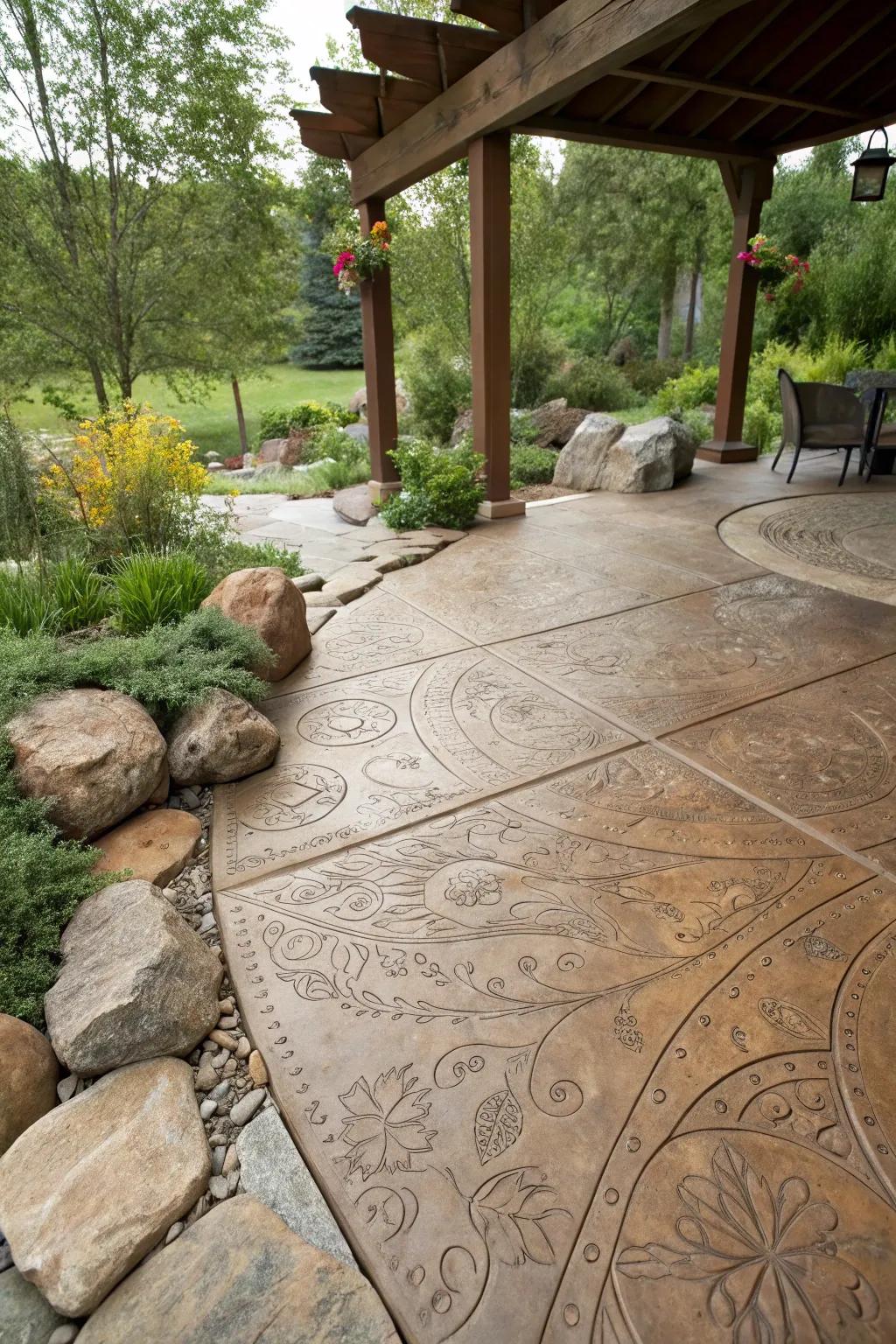 Organic highlights add depth to this textured veranda.