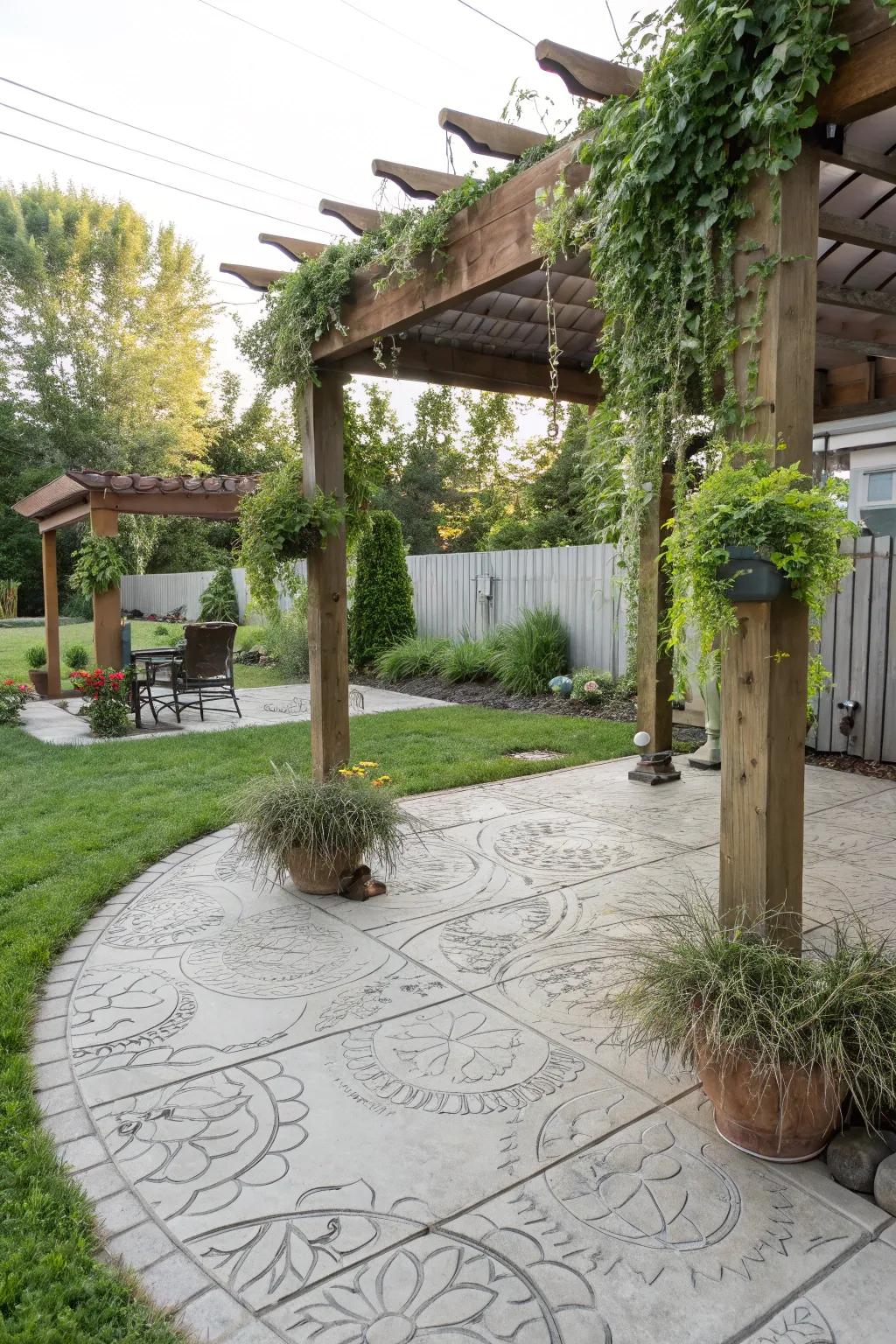 A DIY shade structure offers shade and elevates the patio’s appeal.