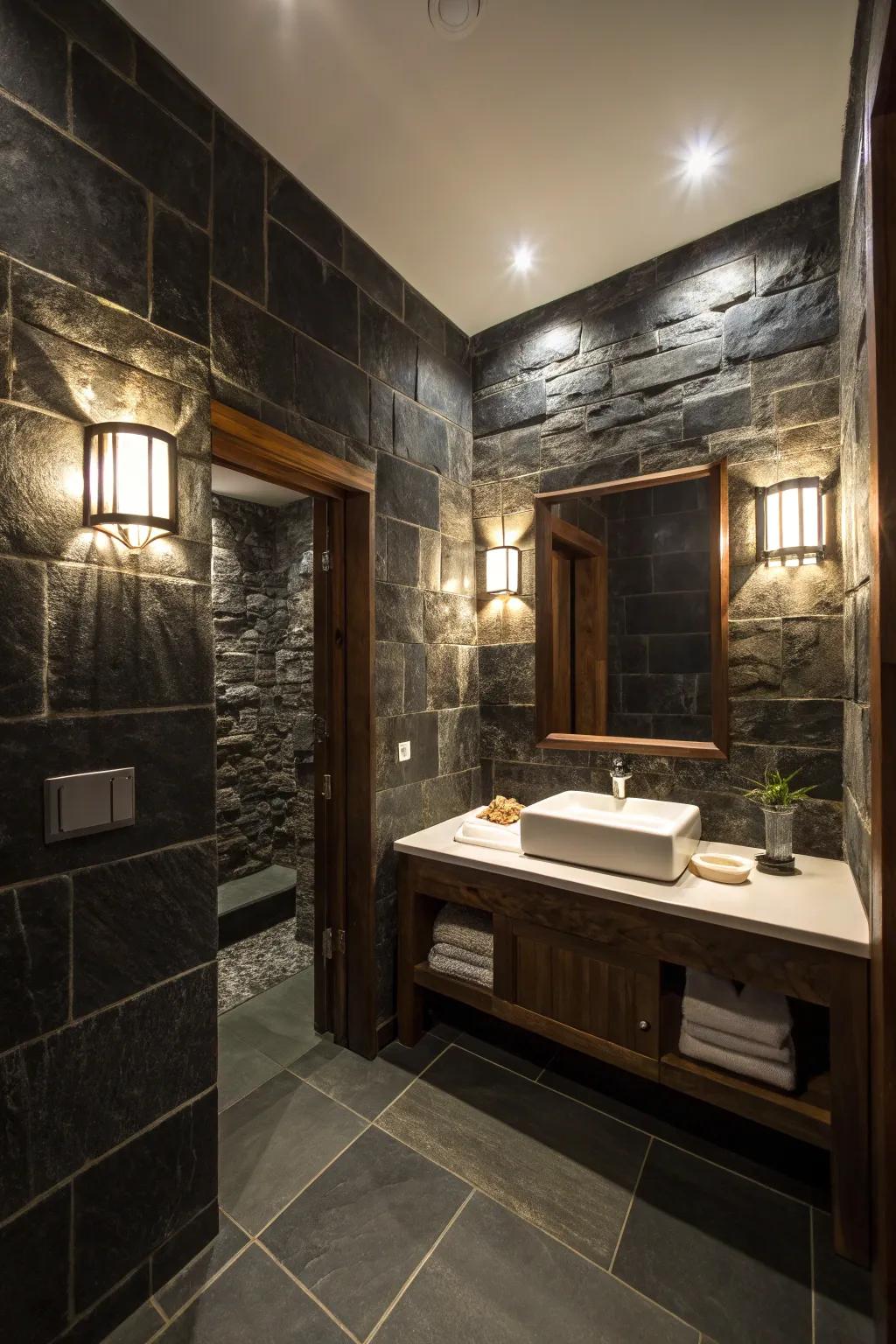 A bathroom featuring charcoal stone walls contrasted by light fixtures for a dramatic outcome.