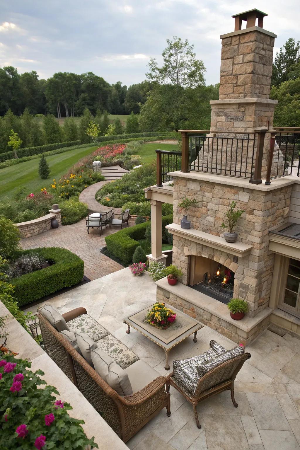 Dynamic areas with multi-story patio integration.