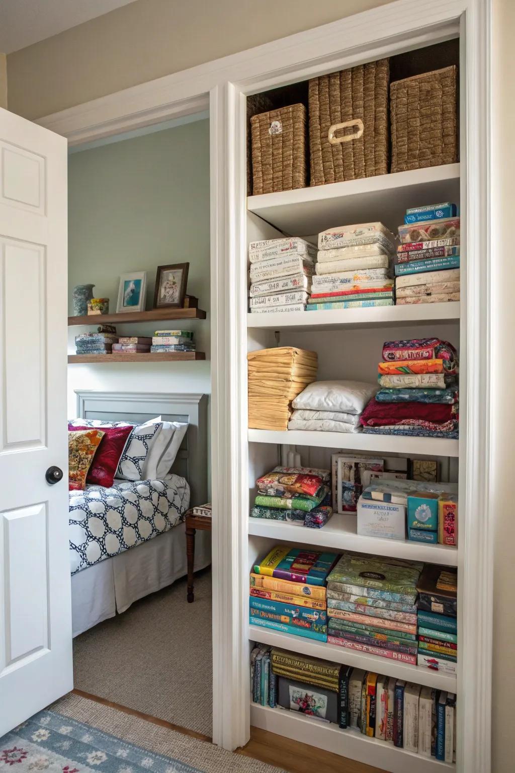 High shelving is installed above the bedroom door.
