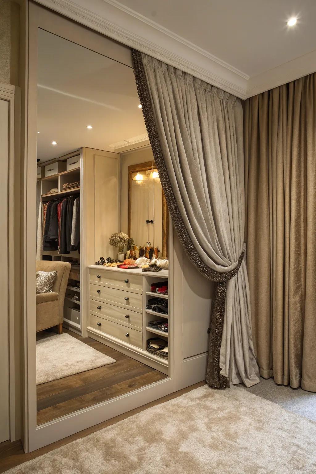 Storage is concealed by a luxurious curtain in the corner of the bedroom.