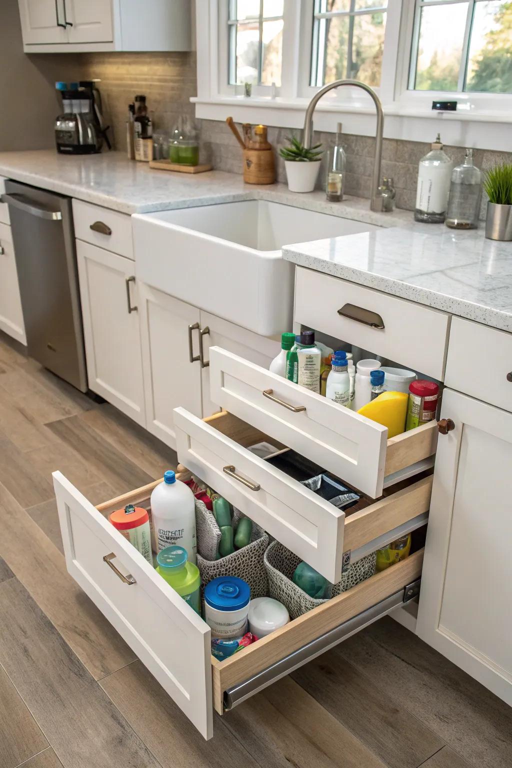 Bring organization to the chaos under your sink with accessible slide-out drawers.