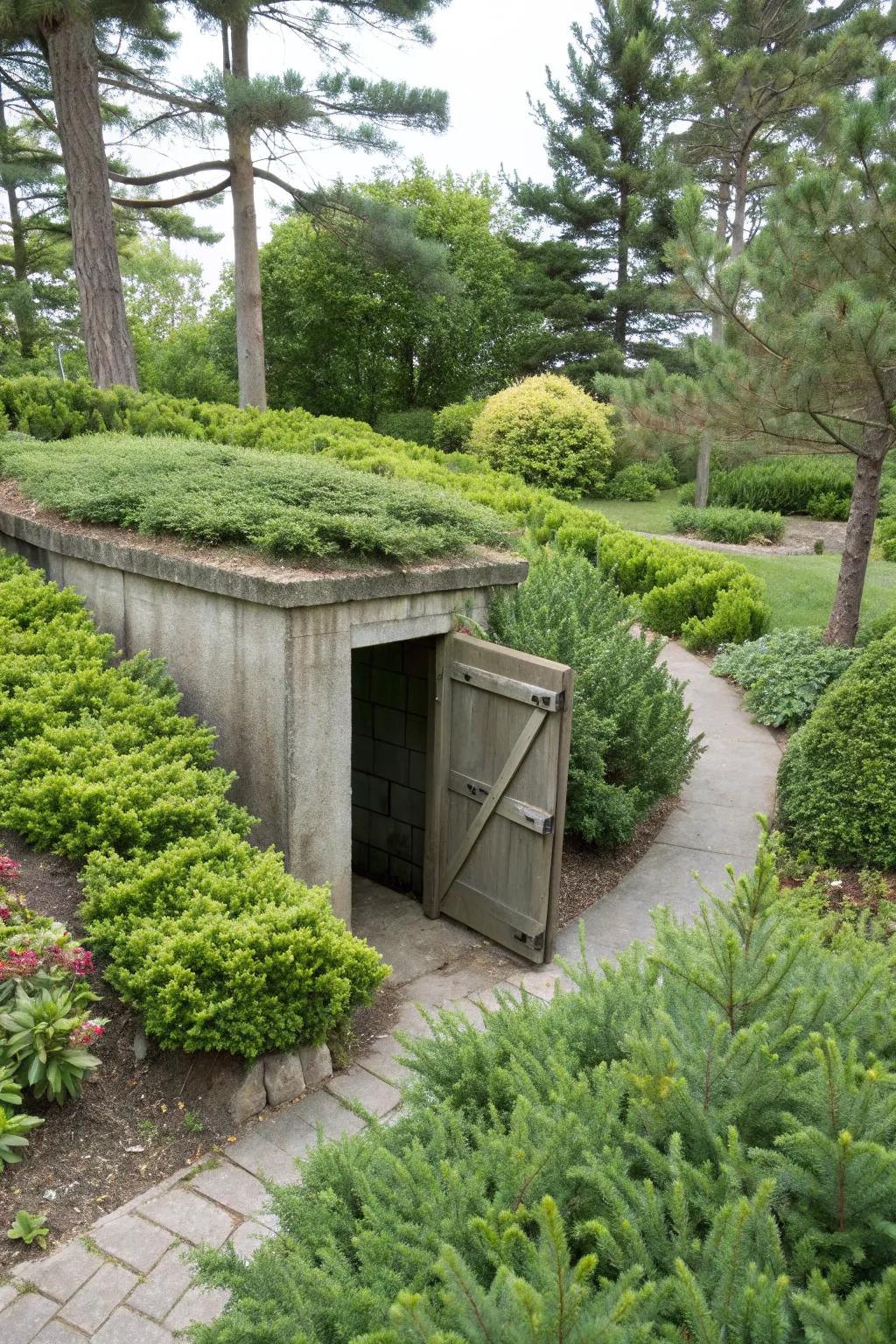 Eternal shrubbery provides constant beauty and requires minimal maintenance around the storm shelter.