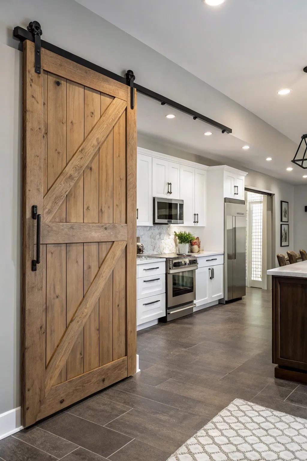 Sliding doors add a modern and practical touch to a kitchen.