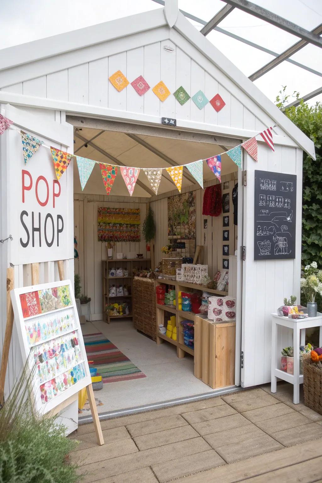 A vibrant pop-up shop within a studio shed.