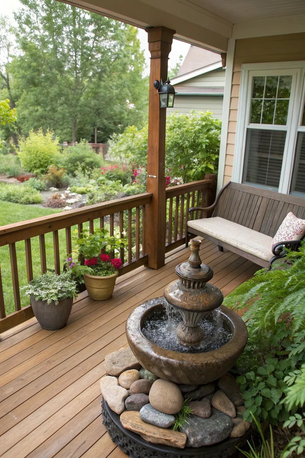 A handcrafted water feature contributes a calming aspect to the porch.