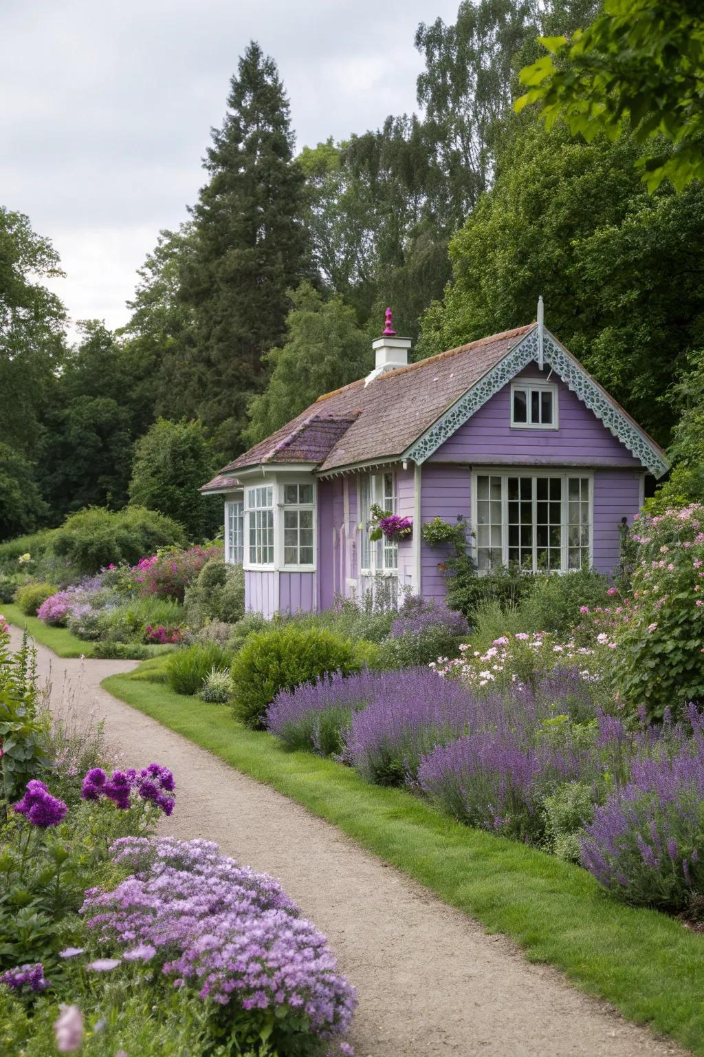 A soothing lilac summer house, perfect for unwinding in the yard.