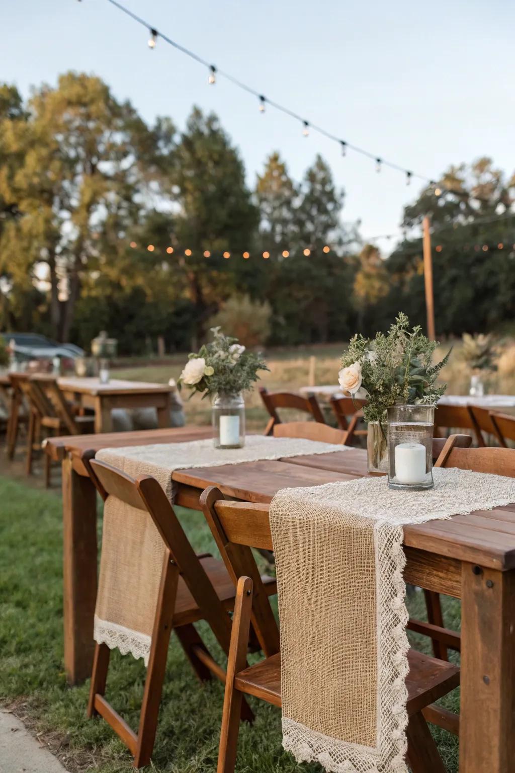 A country table presentation featuring wood tables and burlap accents.