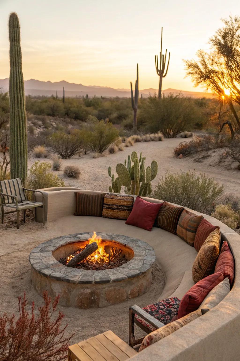 A desert sanctuary with a sunken fire pit.