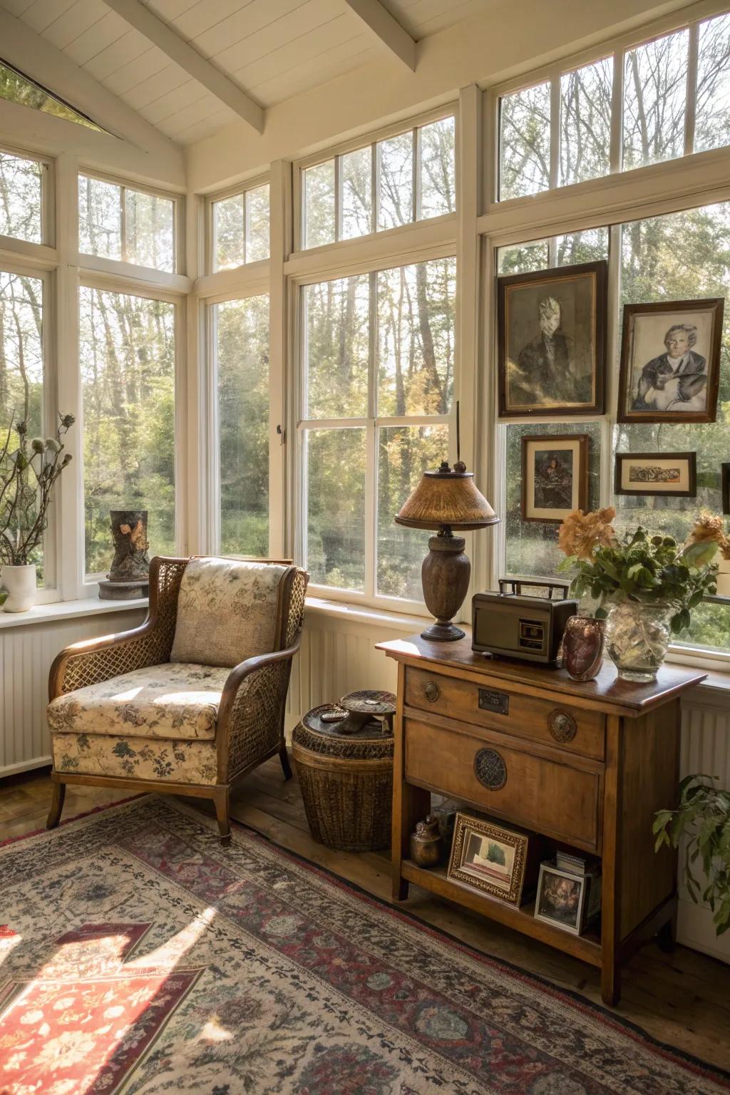 Vintage decor adds a nostalgic touch to this sunroom.