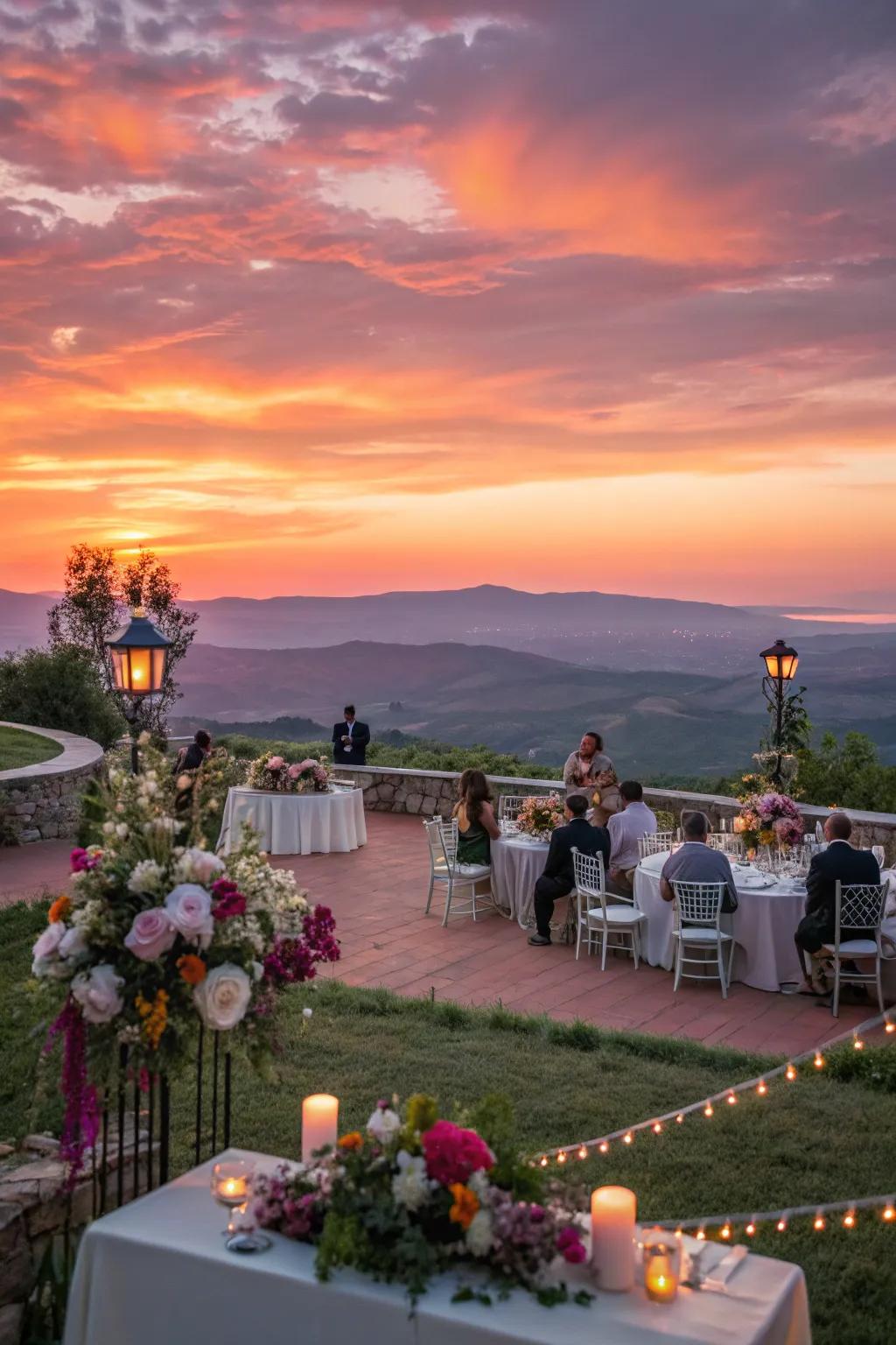 An open-air reception with stunning sunset views.