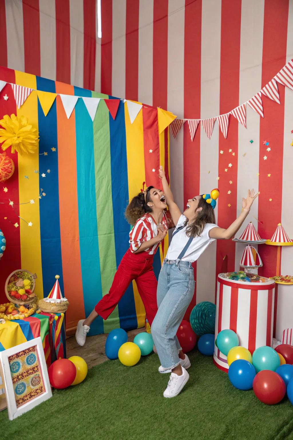 A carnival-themed backdrop brings fun and energy to the party.