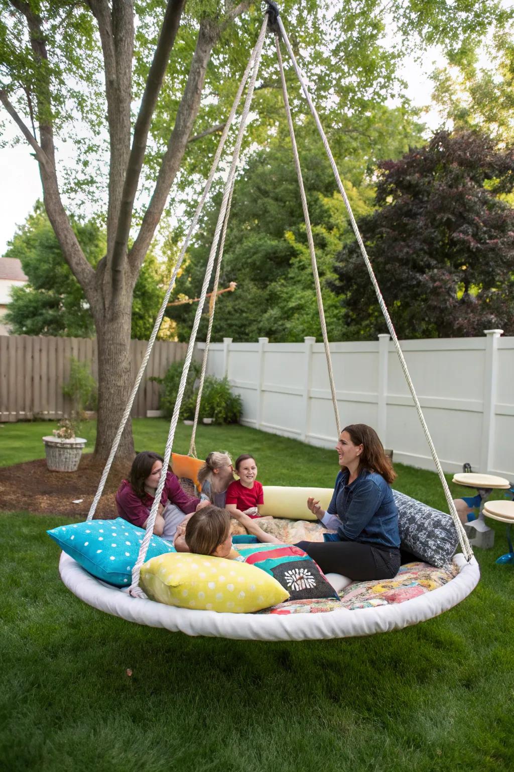A buoyant platform swing serves as a lively communal hub.
