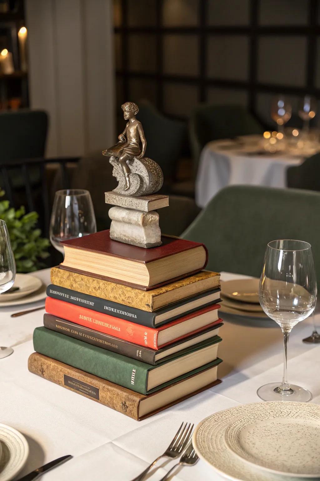 A creative and intellectual centerpiece showcasing a stack of novels.