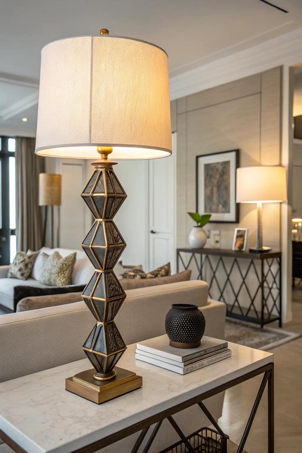 A geometric table lamp brings a modern touch to a contemporary room.
