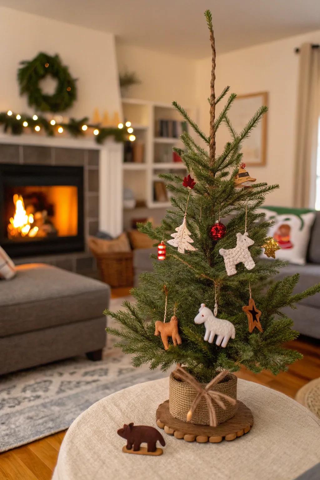This playful woodland-themed tabletop Christmas tree is sure to delight.