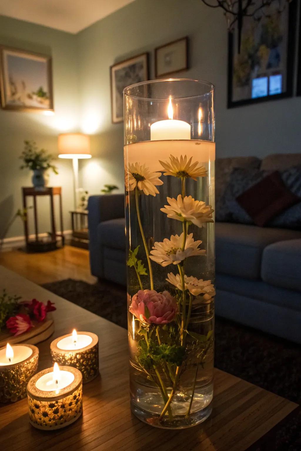 A tall glass vase transformed into a beacon container, casting a snug shimmer inside a dim space.