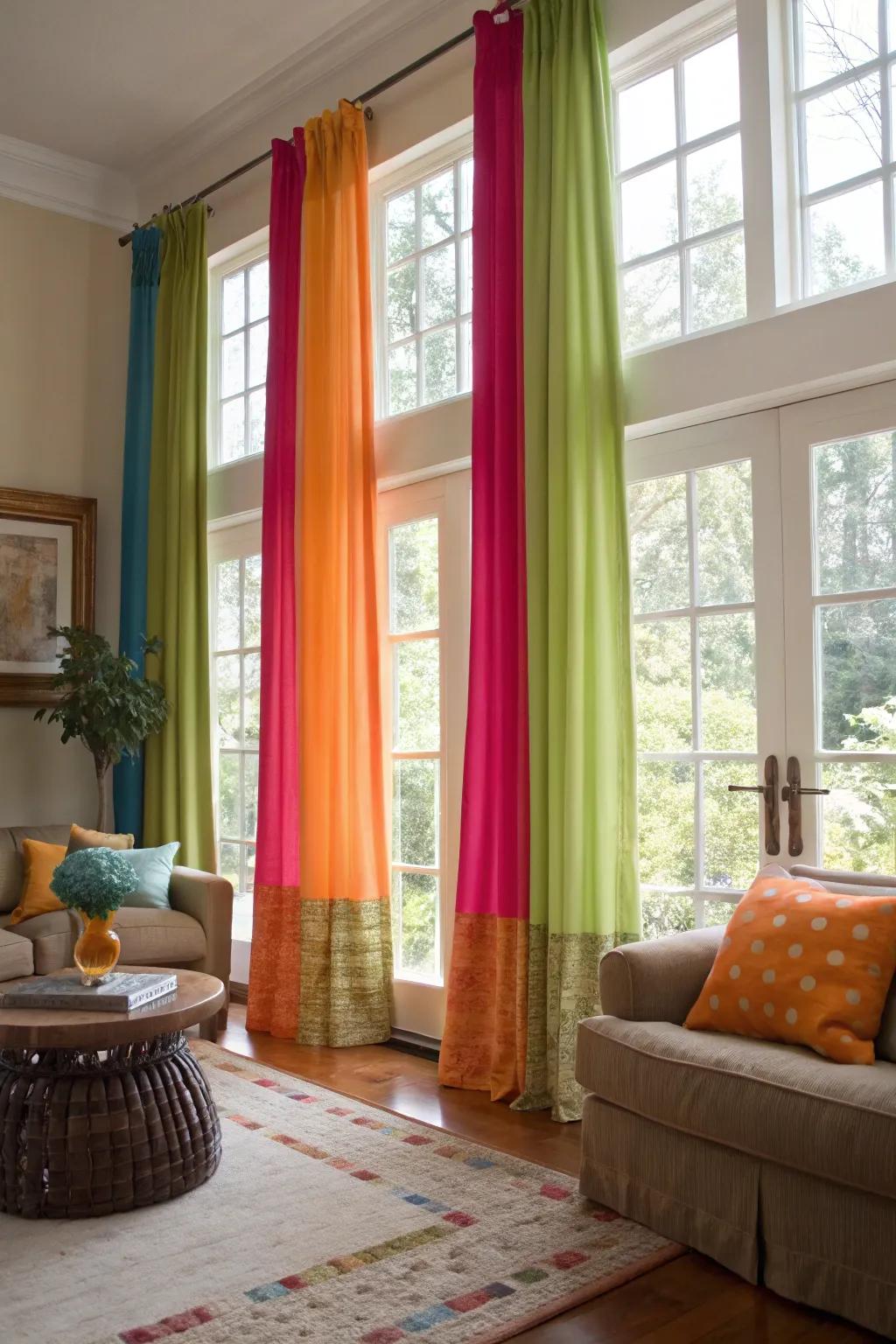 Window coverings of contrasting colors for added depth and character.