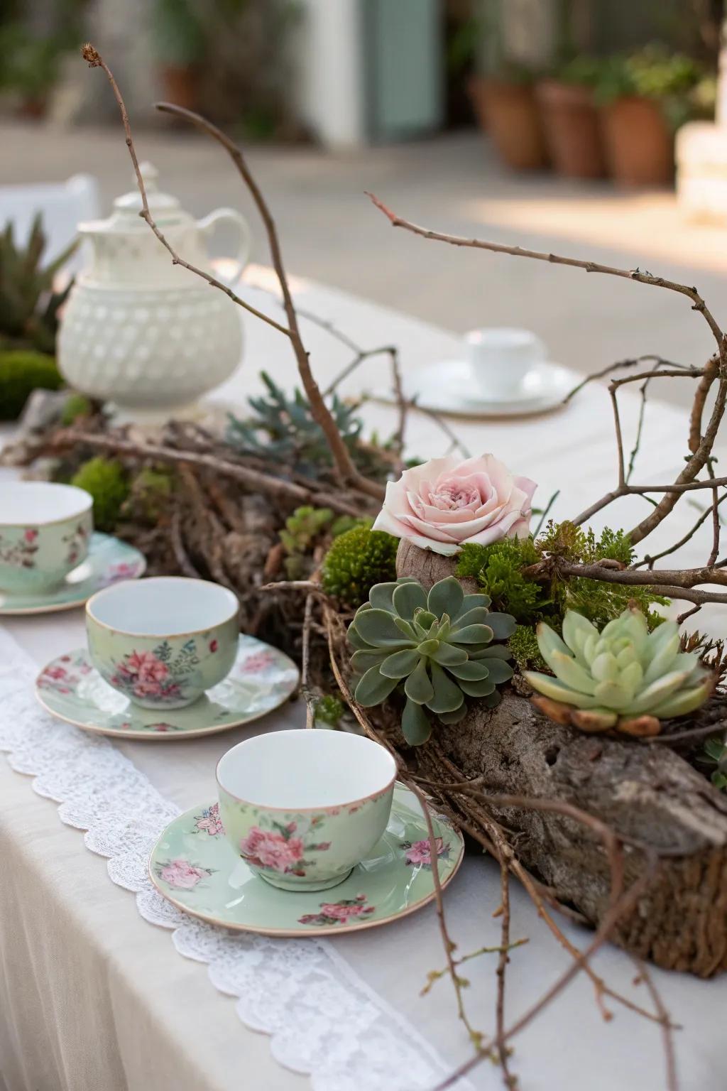Nature's components such as branches contribute an organic sensation to the decor.