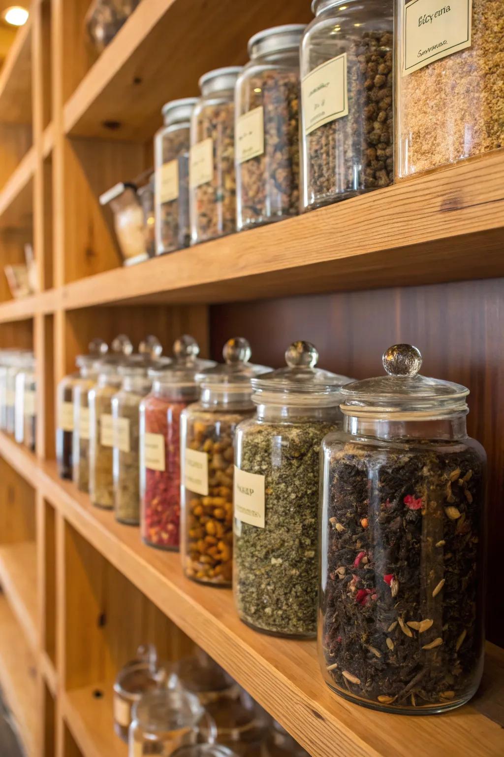 Reused jars employed for tea storage.