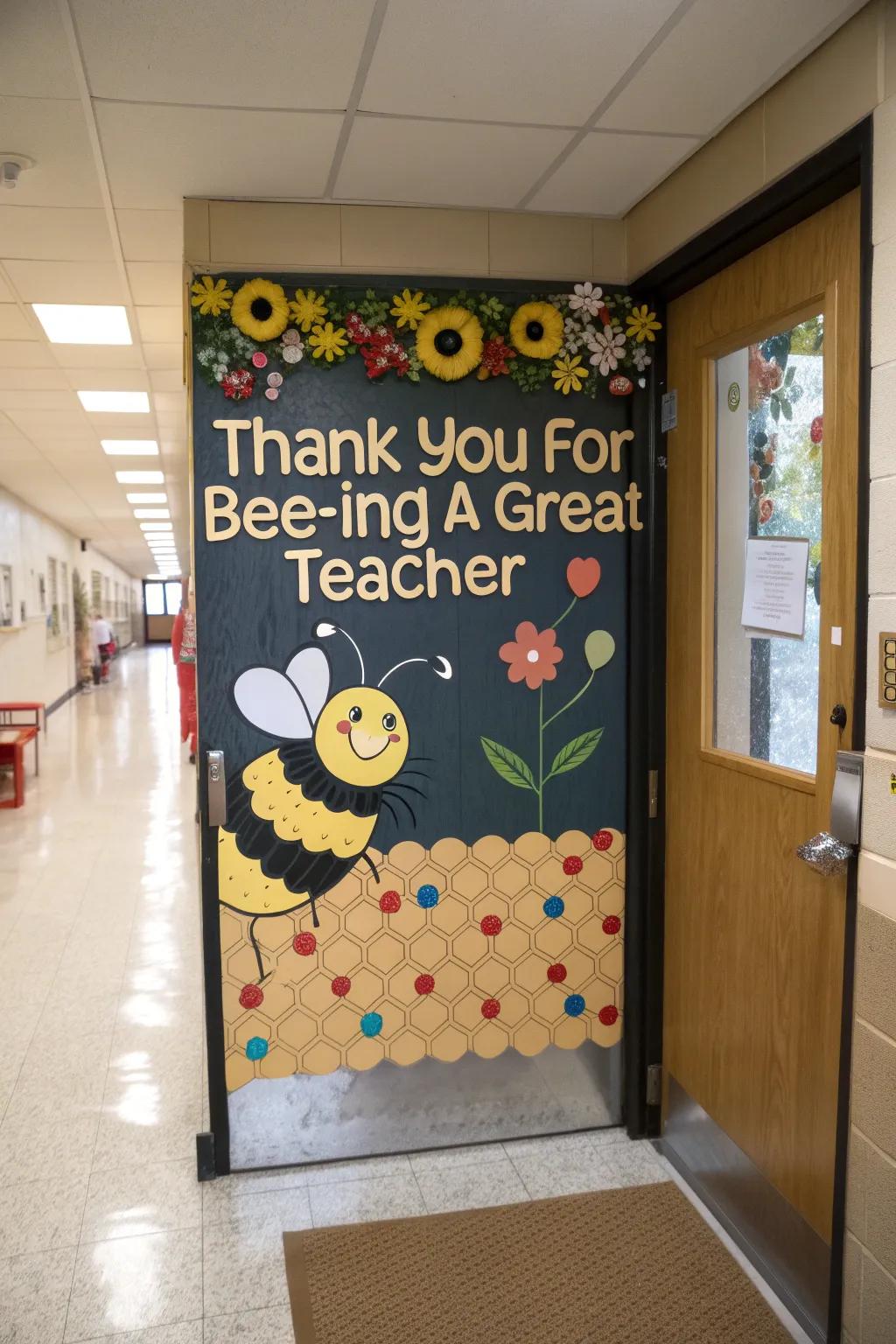 Buzz with gratitude on a bee-themed appreciation door.