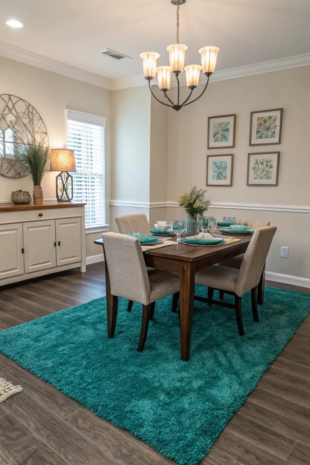 A teal rug anchors the dining space