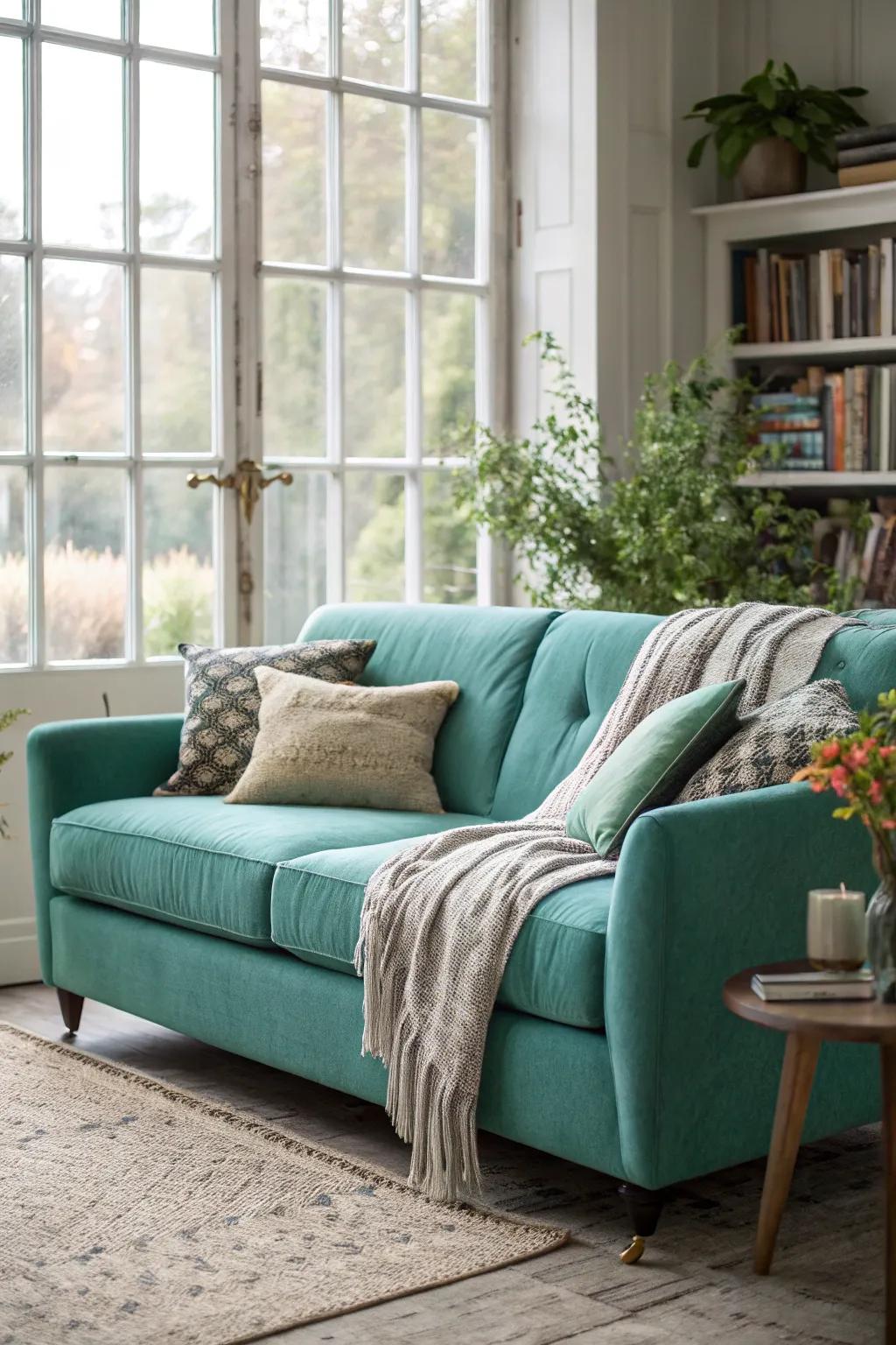 Natural illumination accentuates the vibrant hue of a cerulean sofa.