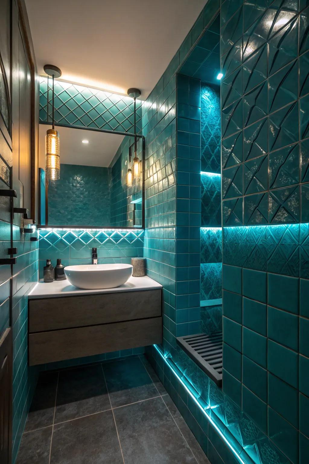 Lighting can improve the feel and depth of turquoise tiles.