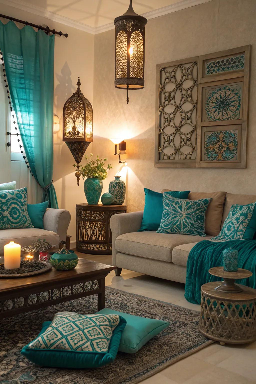 Layered illumination enhances the beauty of teal and turquoise tones.