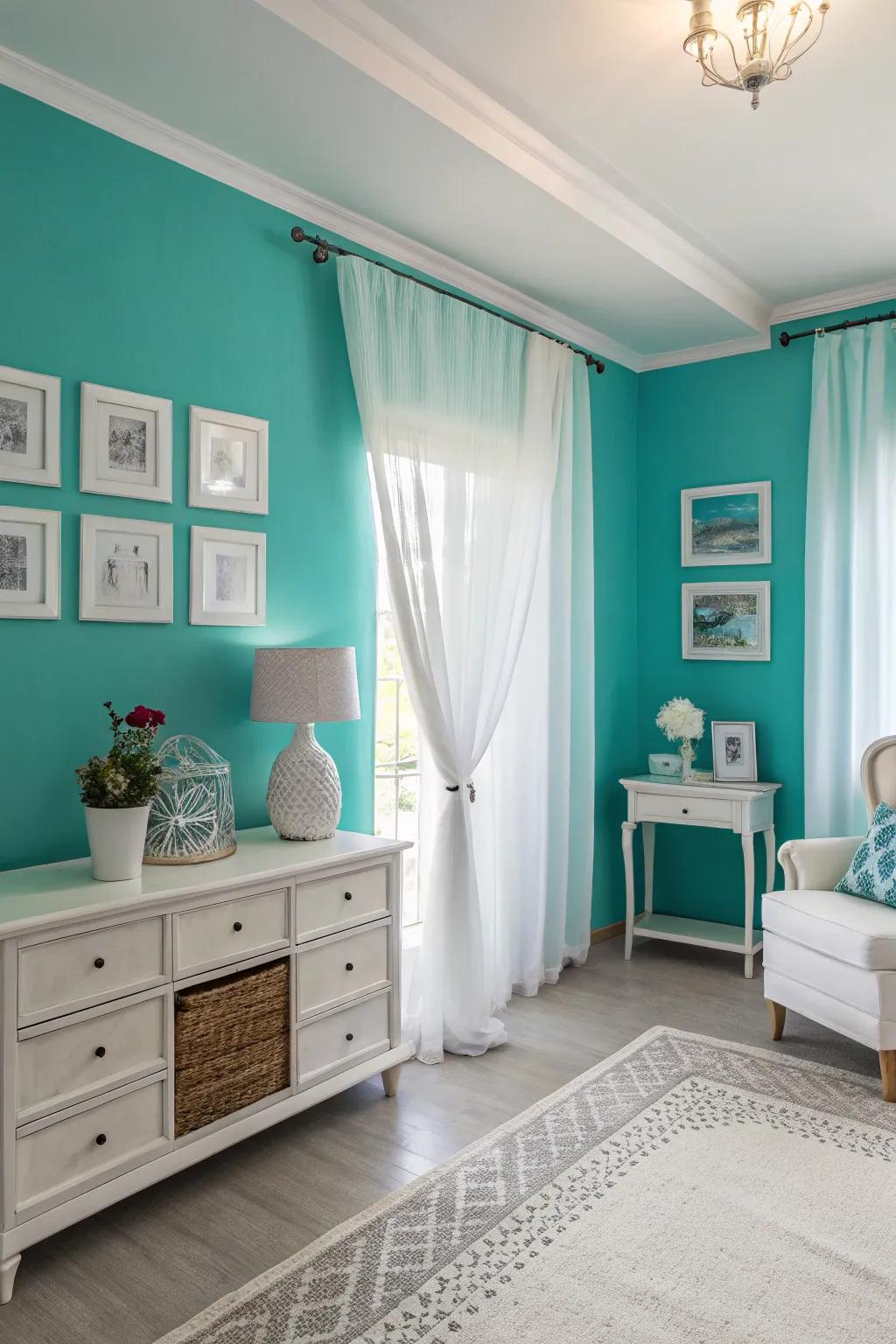 Crisp and clean design with aqua and white elements.