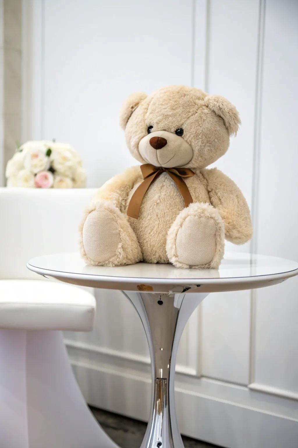 Elegant simplicity with a solitary plush companion centerpiece.