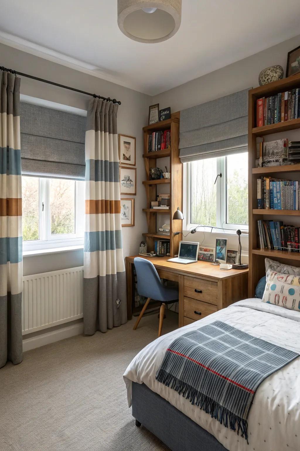 Layered shades and blinds provide flexibility in light and privacy.