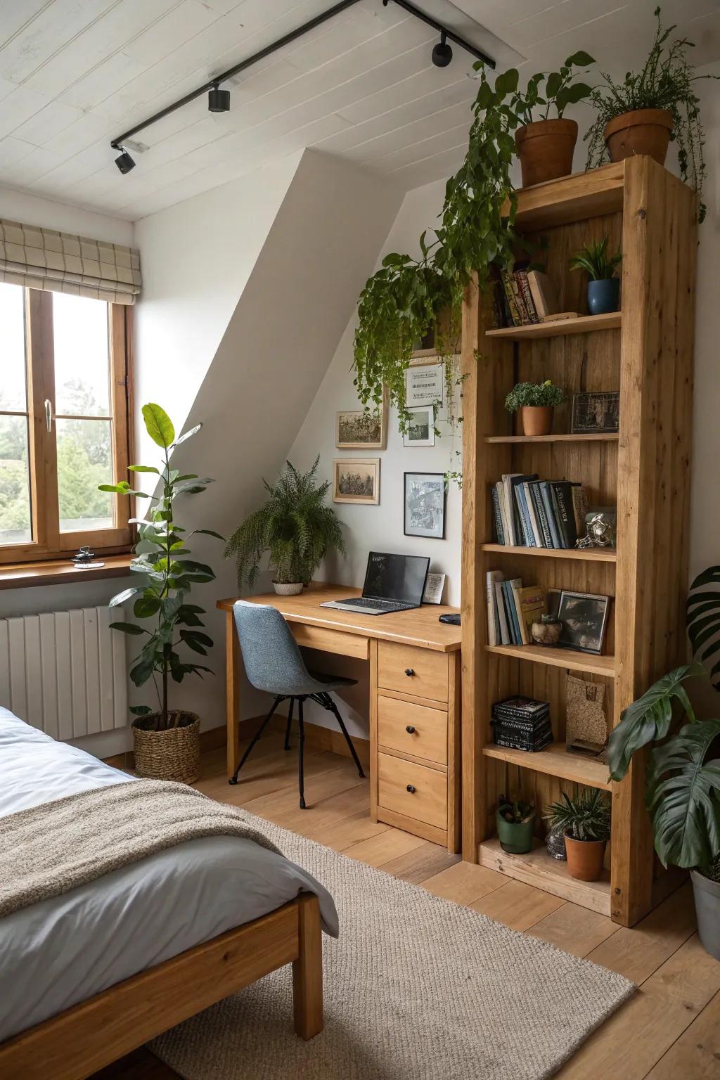 Natural elements like wooden accents and plants add warmth to this teen boy's room.