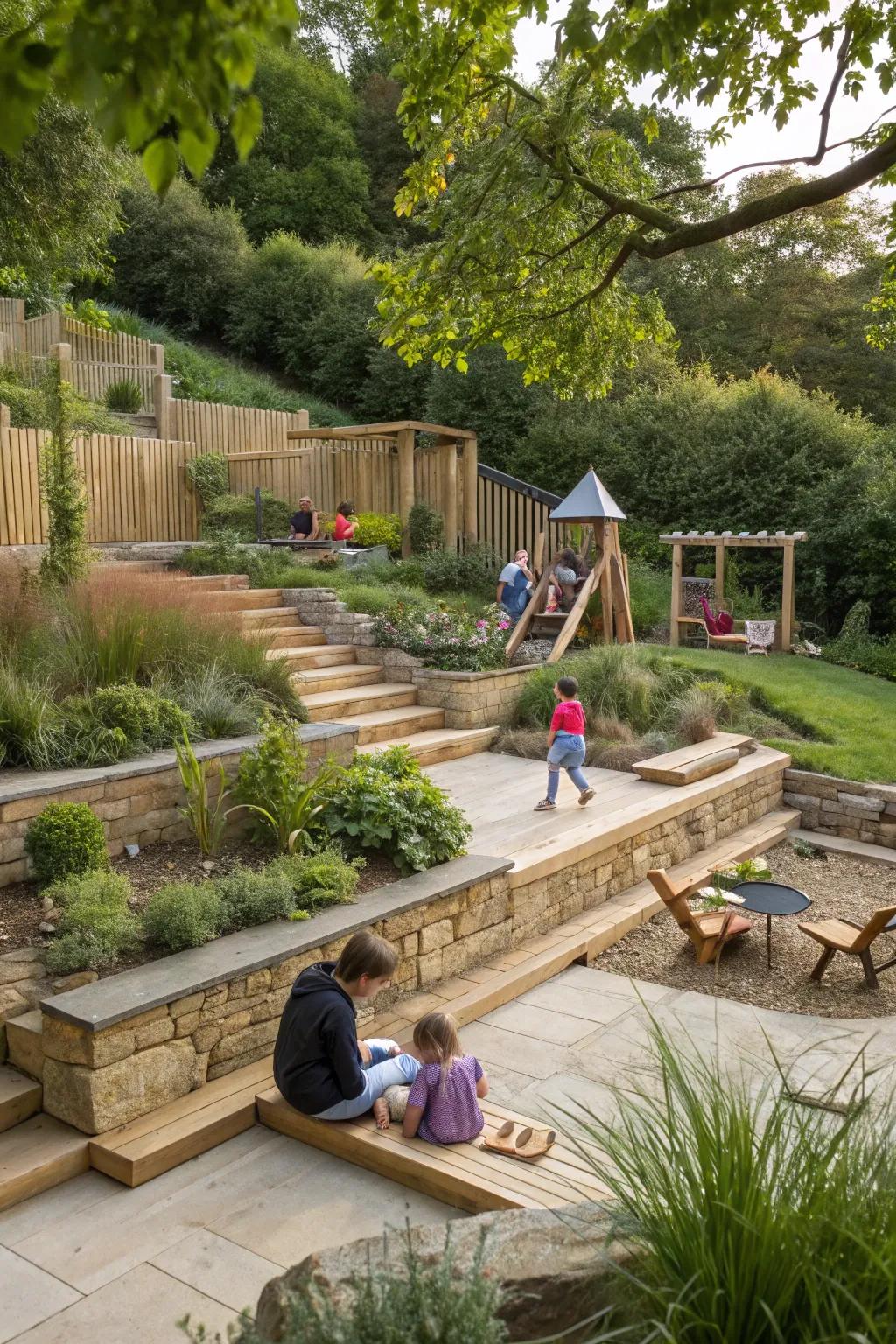 A playful children's area in a terraced garden, providing fun while blending with the natural setting.