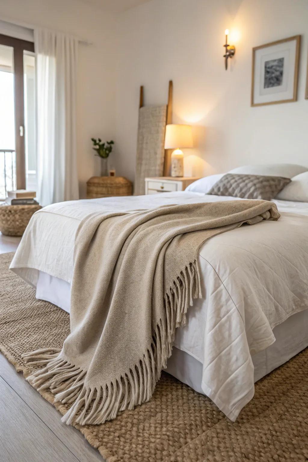 A single neutral throw adds minimalist chic and elegance.