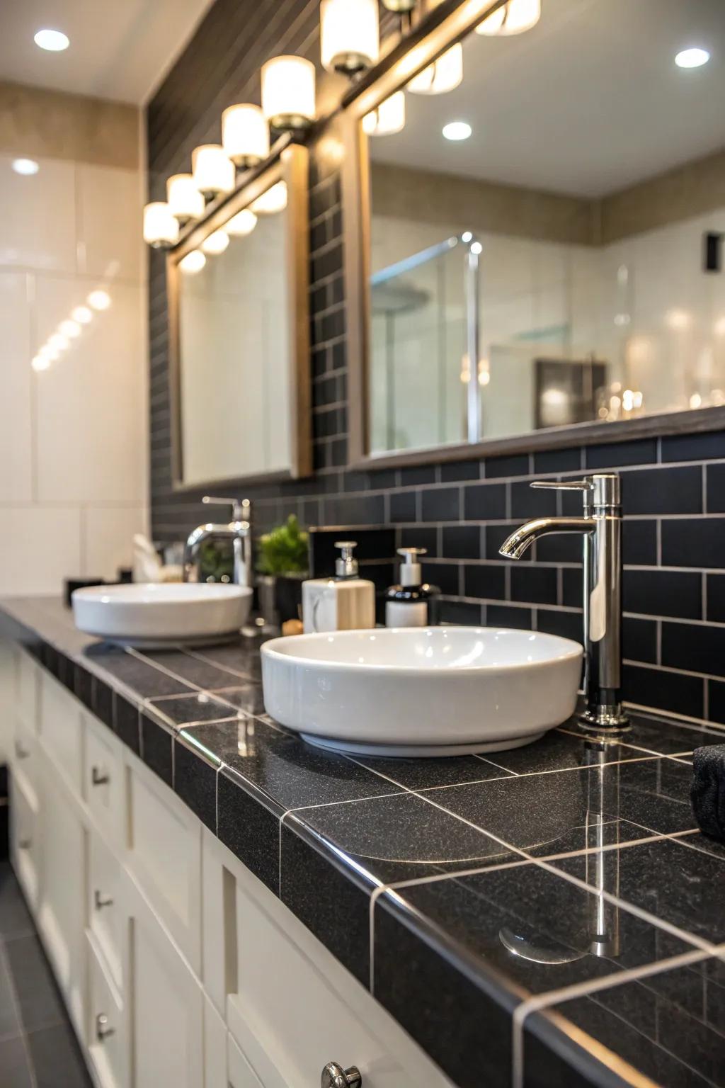Dark tiles present a sleek and refined appearance.