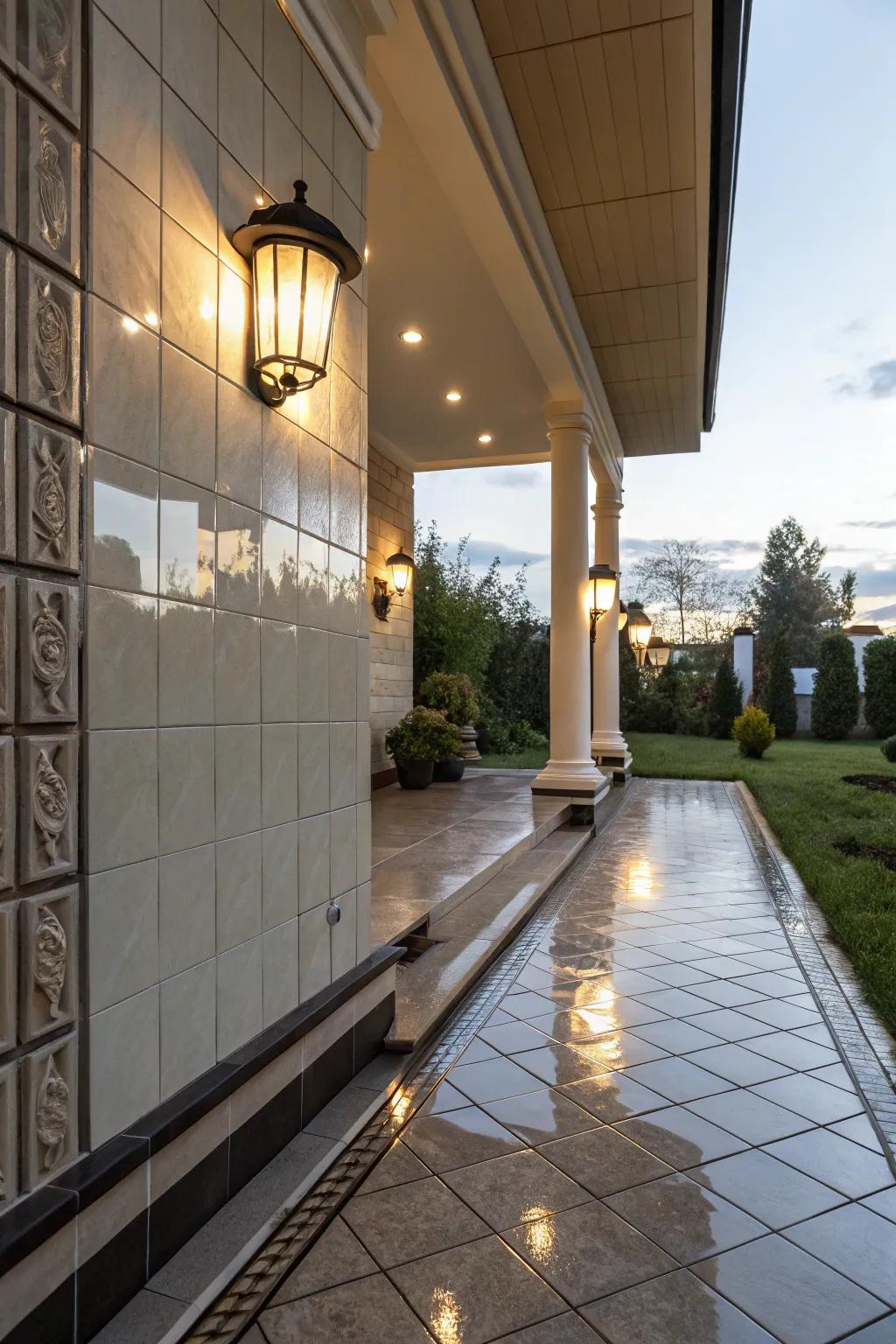 Glossy wall tiles enhance the sophistication of this porch.