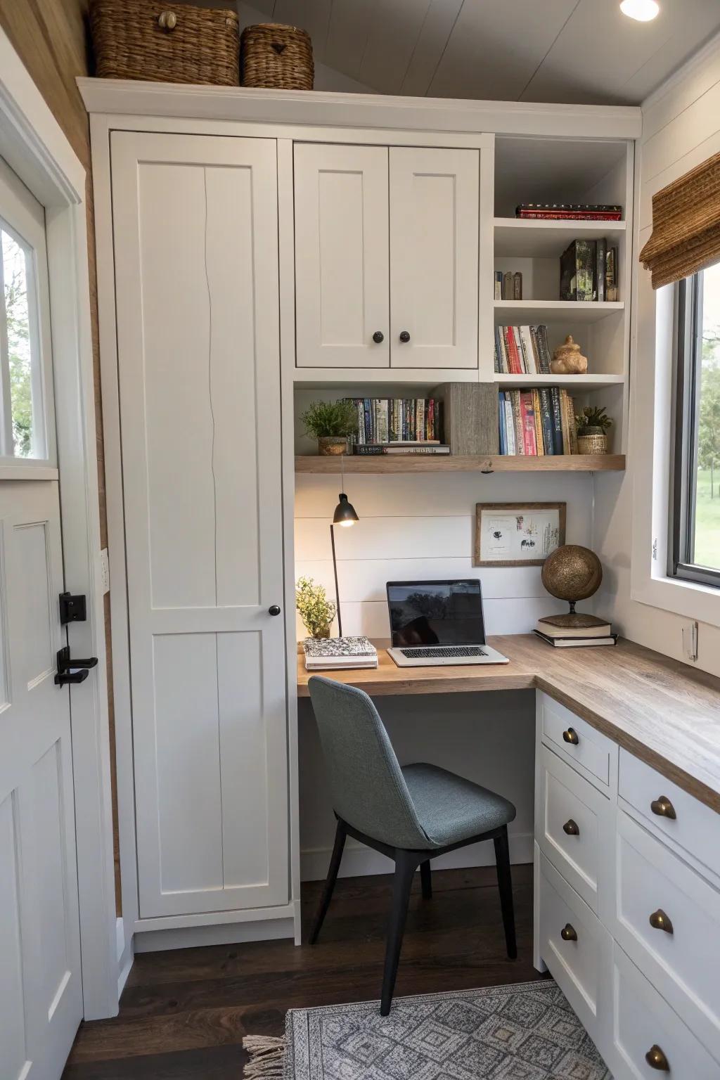 Hidden storage assists in sustaining an orderly and neat small office environment.