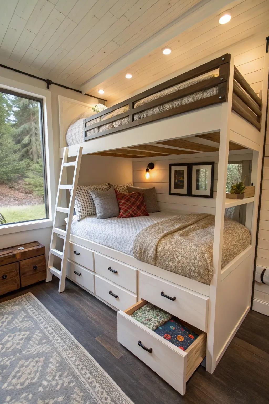 Bunk beds with storage underneath in a compact home