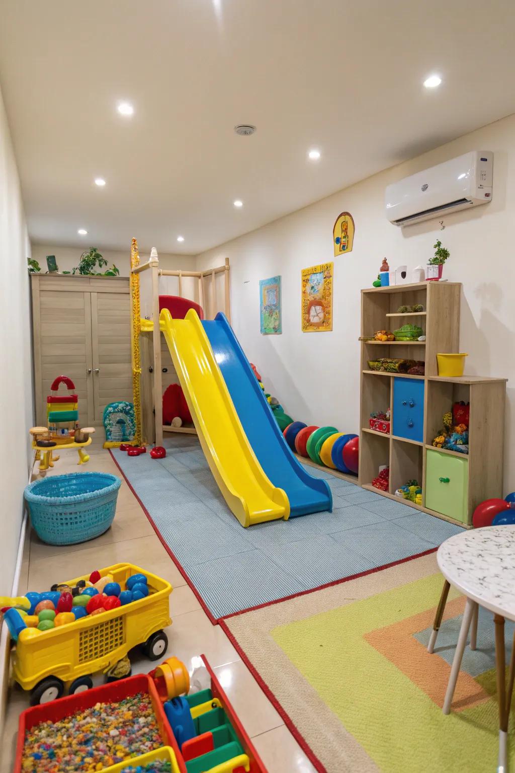 An indoor slide offers endless active fun for toddlers.