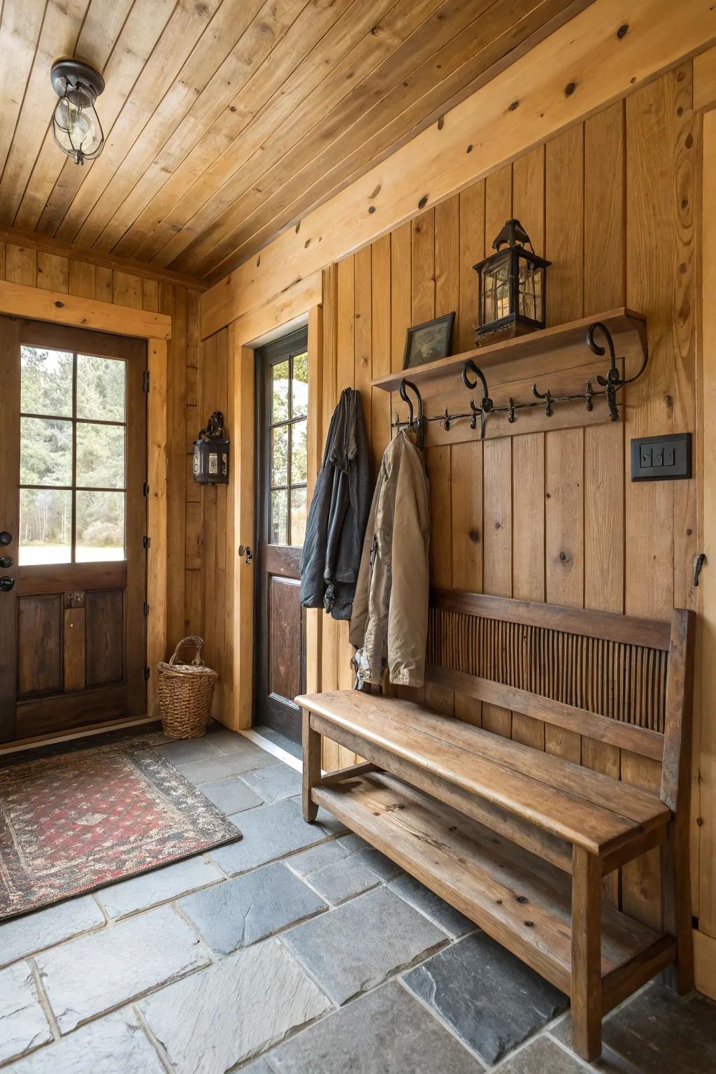 Tongue and groove walls add rustic charm to this entryway.