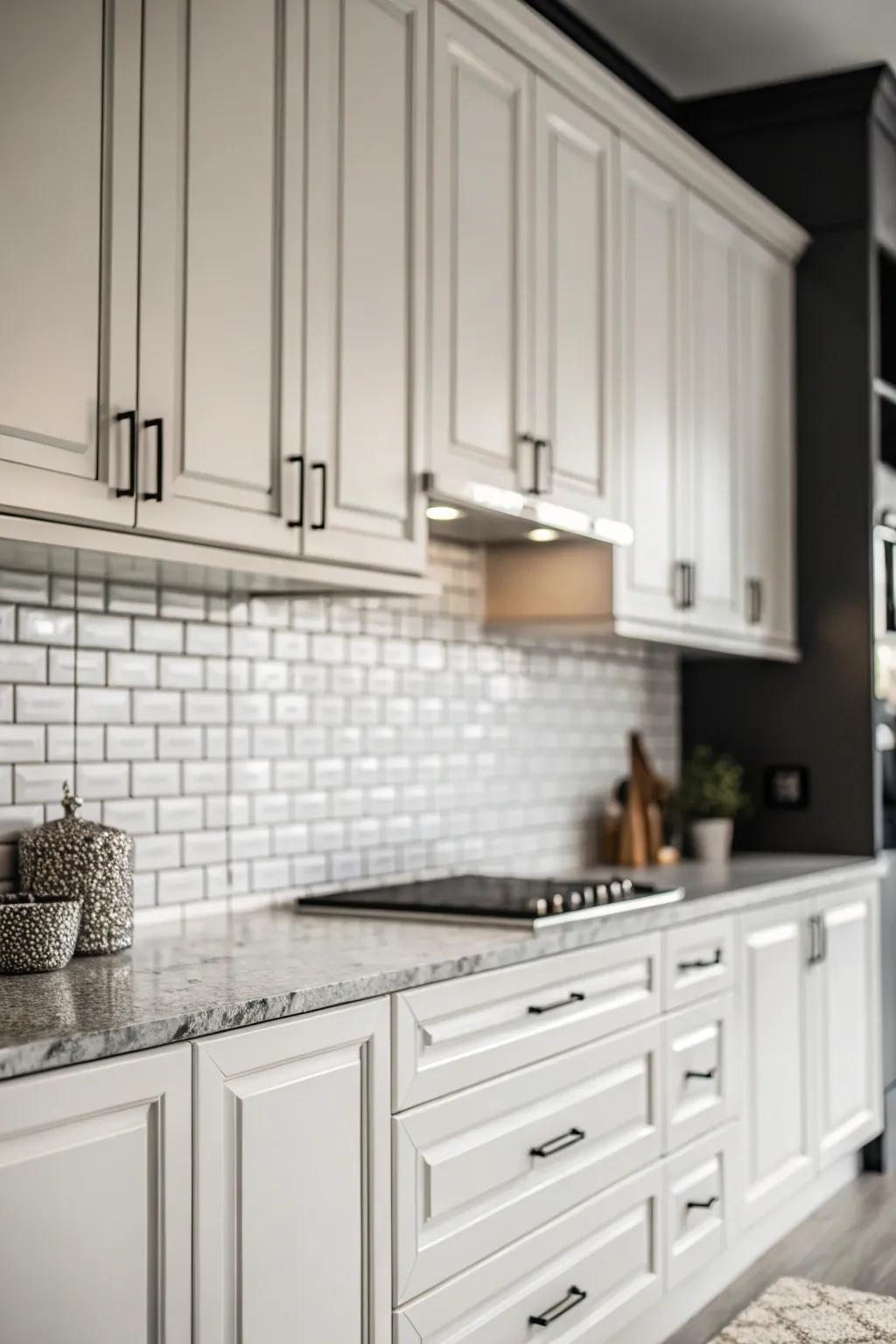 Generate a striking impression by using monochrome ornamental pieces above your cabinets.