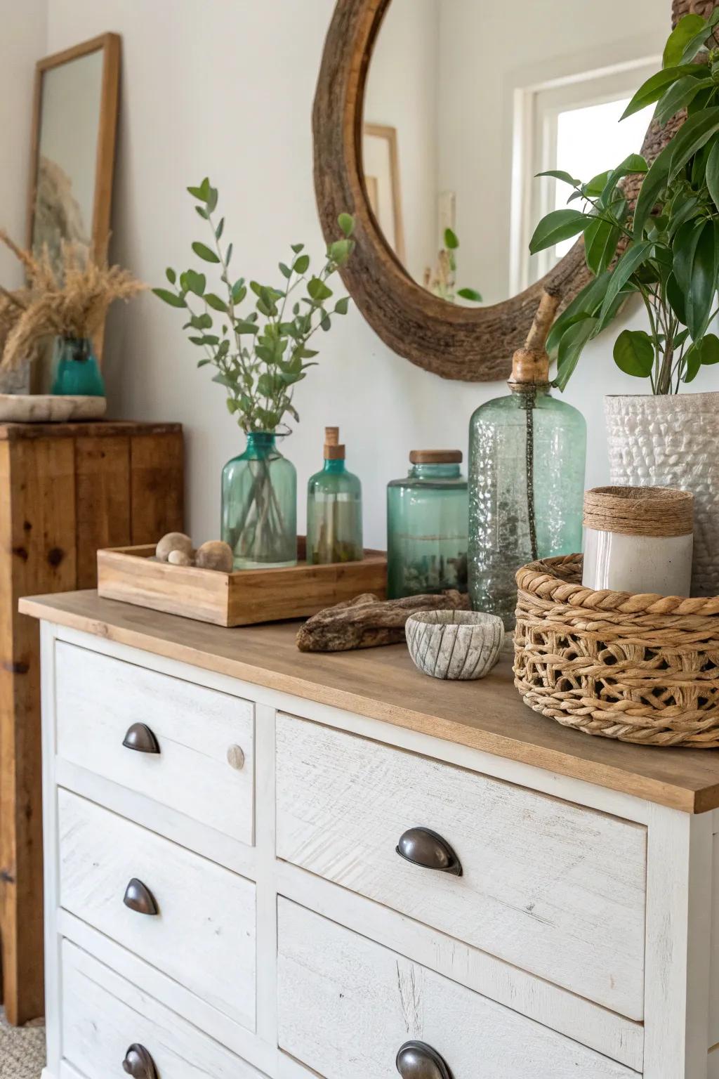 Eco-friendly elements bring both beauty and sustainability to a dresser.