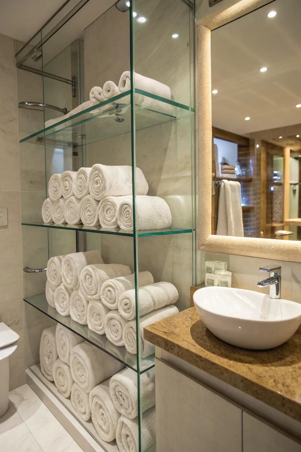 Glass shelving adds a modern touch to towel storage in small bathrooms.