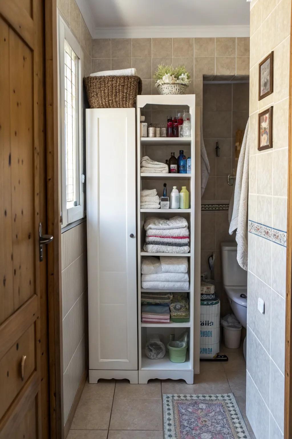 Tall, narrow cabinets maximize vertical arrangement area.