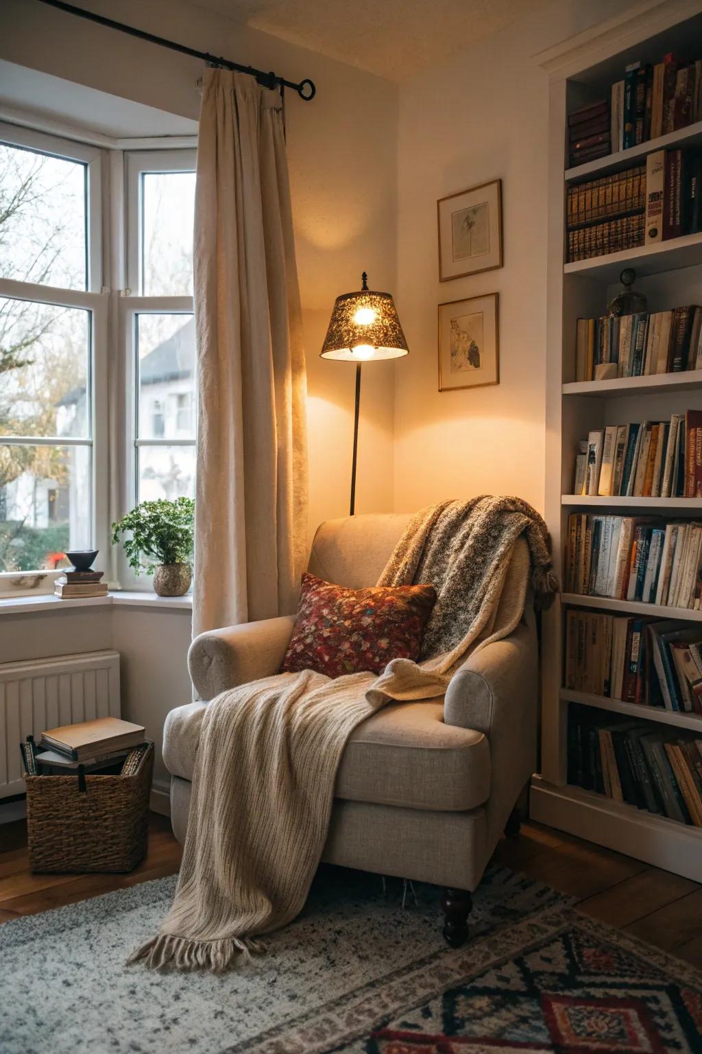 A relaxing spot provides a charming retreat inside the family room.