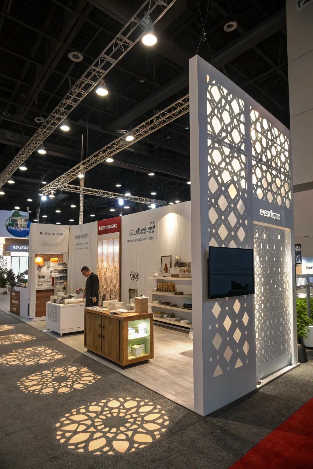 Shadow play that adds depth and visual intrigue to the booth's design.