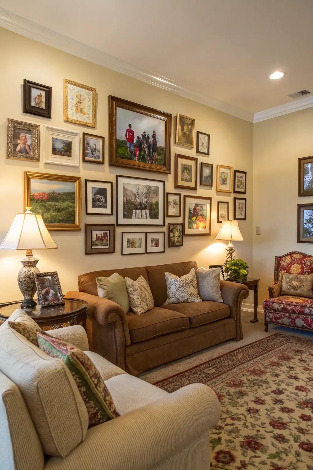 A photo wall adds personality to this classic living room.