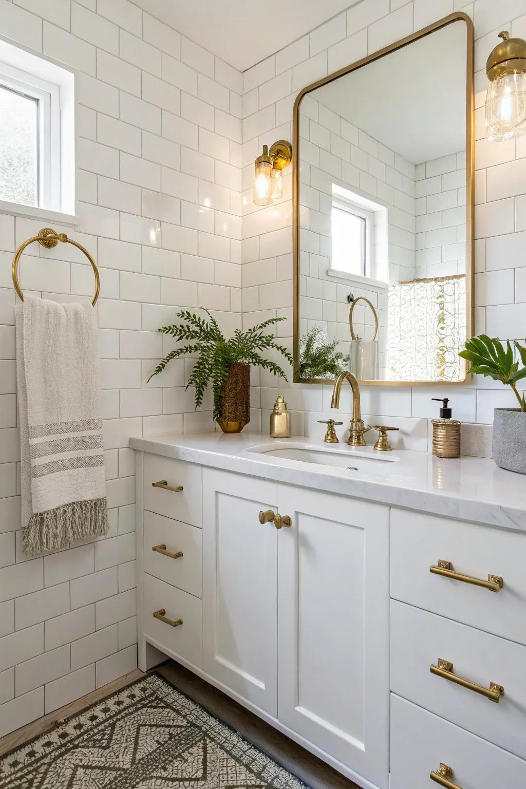 A white bathroom enhanced by the warmth and sophistication of bronze hardware.